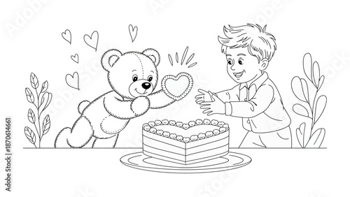 Teddy Bear Offering: A heartwarming scene where a teddy bear extends a heart, symbolizing affection and thoughtfulness to boy near heart-shaped cake, celebrating joy and kindness.