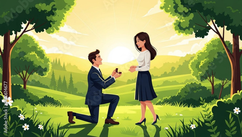 Man Proposing to Woman in Green Park during Sunset
