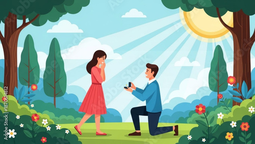 Man Proposing to Woman in Garden during Sunny Day