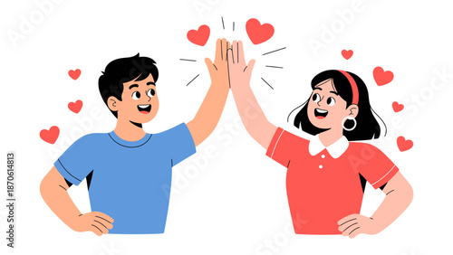 High Five of Affection: A cheerful young man and woman celebrate a moment of connection with a high five, surrounded by floating hearts, symbolizing affection. 