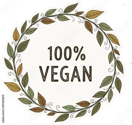 Rustic vegan wreath illustration with green leaves, vines, organic lifestyle design, plant based diet, eco friendly food, healthy living concept artwork