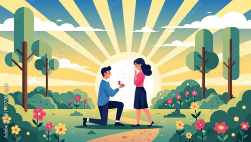 Man Proposing to Woman in Garden during Sunset