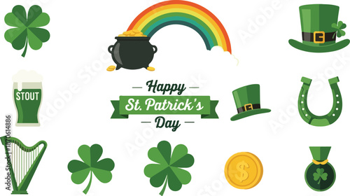 Celebrating St. Patrick's Day with festive icons and symbols surrounding a vibrant rainbow