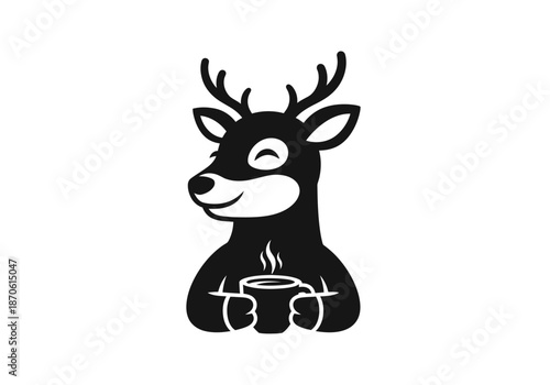 illustration of a smiling deer holding a cup of coffee, clipart style