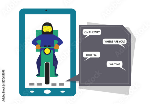 Mobile food delivery or courier  concept. Motorcycle driver  on a tablet or cellphone with a Callout bubble for communication concept. Editable Clip Art.