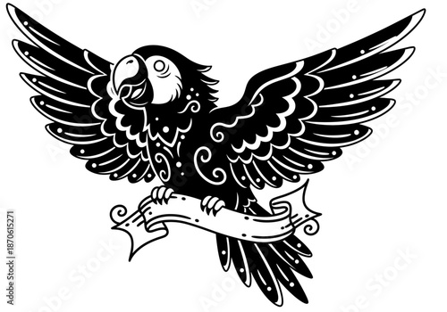 illustration of a cheerful parrot spreading wings, clipart style