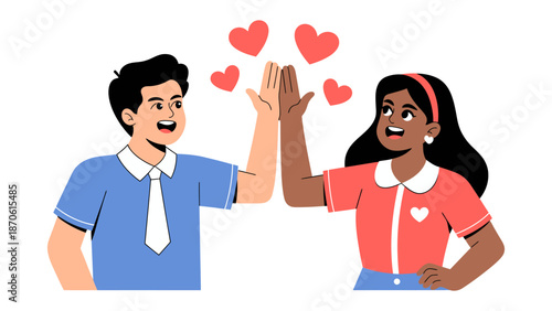Animated High-Five of Hearts: Capturing a moment of connection and affection, this illustration depicts two individuals enthusiastically giving a high-five, surrounded by a radiant display of hearts