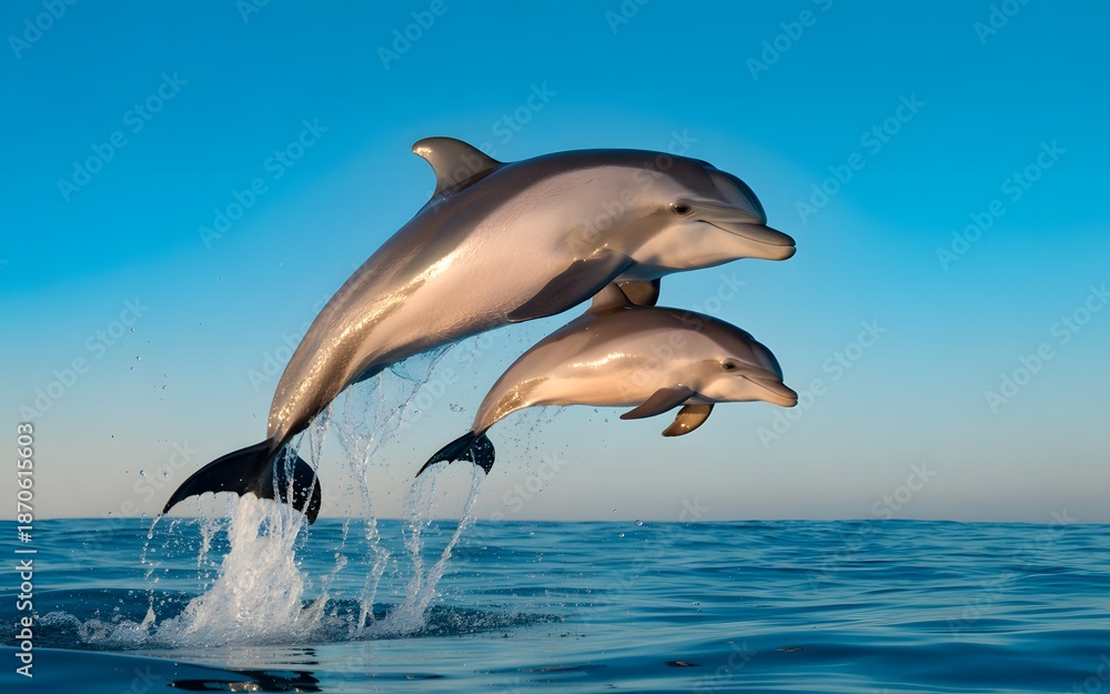 Fototapeta premium Adult Dolphin and Young Calf Leaping High Above the Ocean Surface Under a Clear Blue Sky