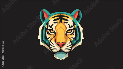Artistic tiger face illustration with vibrant colors and geometric design.
