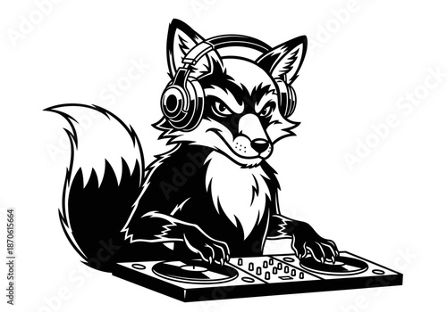 illustration of a cool fox DJ with headphones, clipart style