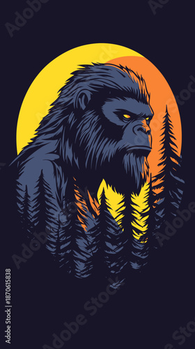 Bigfoot silhouette with detailed fur and fierce eyes against vibrant yellow and orange sunset with pine tree forest in minimalist vector style for outdoor graphic design