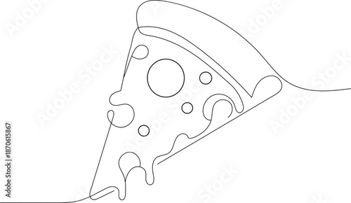 Minimalist one line art drawing of a delicious pizza slice with melting cheese