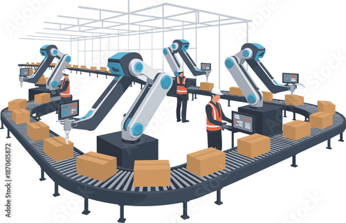 Automated factory conveyor system illustration with control panels, production line, industrial machinery, and modern manufacturing workflow in clean flat style