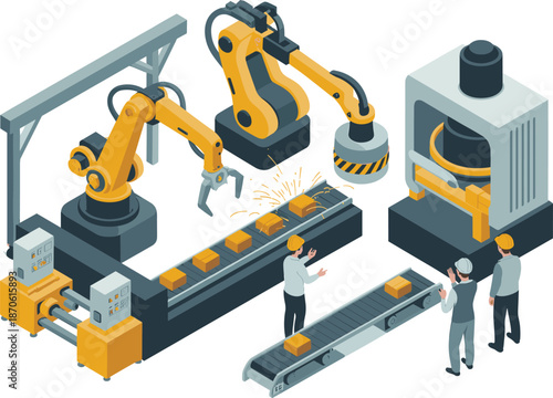 Automated factory robotics illustration with robotic arms, conveyor belts, industrial machines, and workers supervising smart manufacturing and modern production workflow