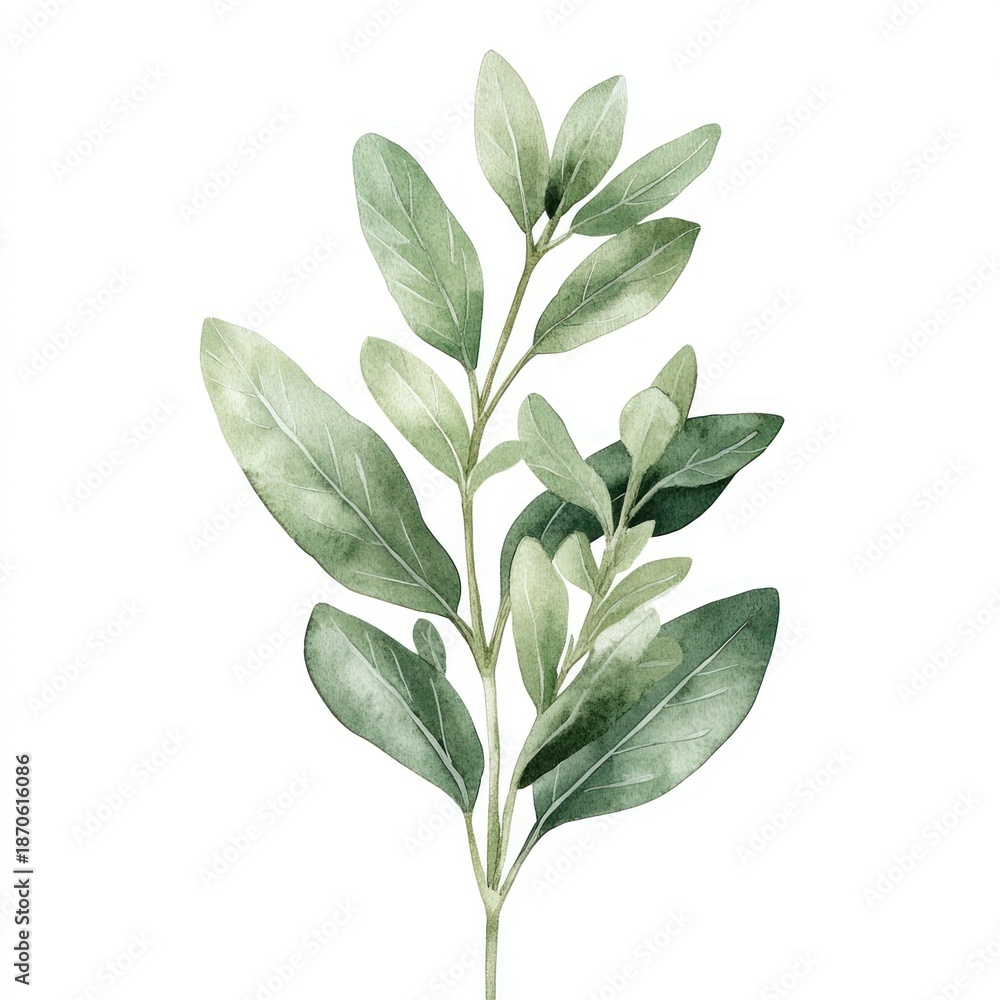 Obraz premium Watercolor Greenery Sprig, Isolated, Botanical, White Background, Design Element