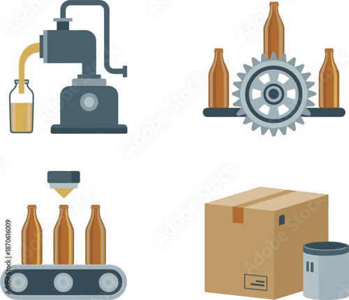 Beverage bottling production process illustration showing filling machine, conveyor system, glass bottles, packaging box, and industrial manufacturing workflow