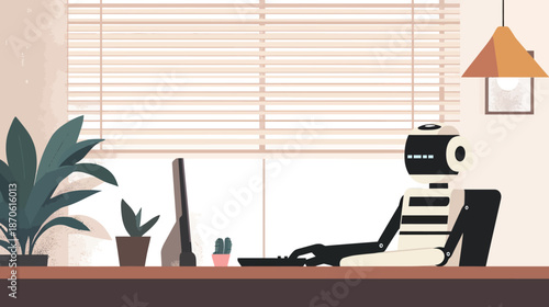 Minimalist robot working at desk with computer in modern office interior with plants and window blinds flat vector illustration