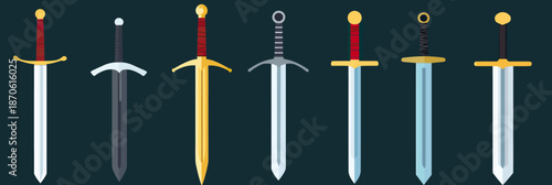 Set of eight medieval and fantasy swords and daggers with varied hilts and blades in flat minimalist style isolated on dark background for heraldry and gaming design vector illustration