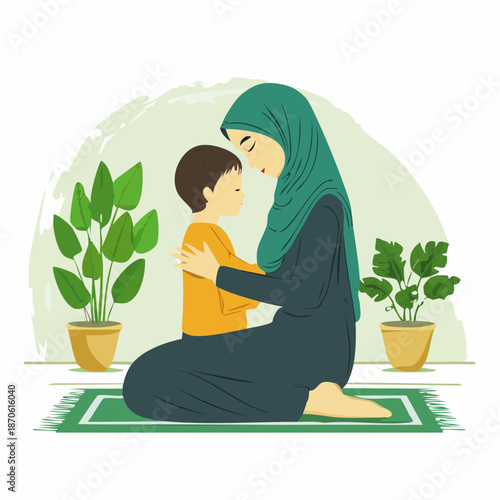 Affectionate Muslim mother in a hijab lovingly embraces her young son.