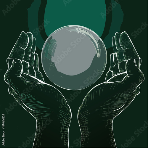 Mystical hands holding a transparent crystal ball for divination.