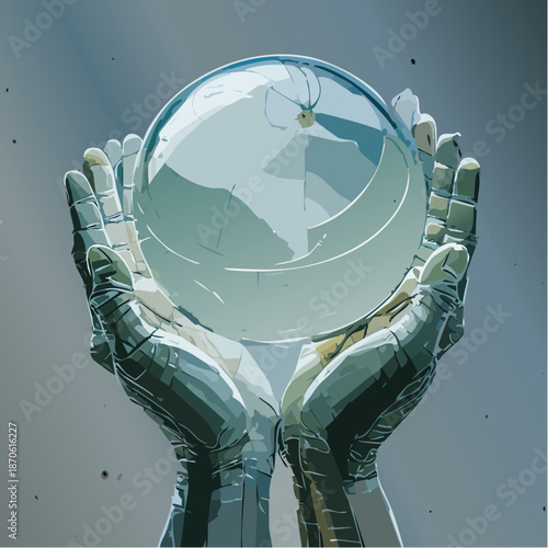 A pair of metallic robotic hands holding a clear crystal sphere.