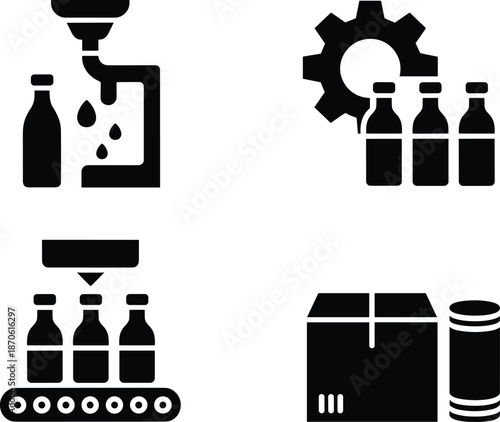 Beverage bottling production process illustration showing filling machine, conveyor system, glass bottles, packaging box, and industrial manufacturing workflow