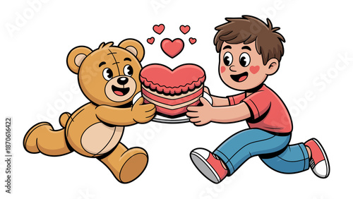 Bear Hug: A heartwarming scene unfolds as a child and a teddy bear joyfully carry a heart-shaped dessert together, symbolizing love and companionship. 