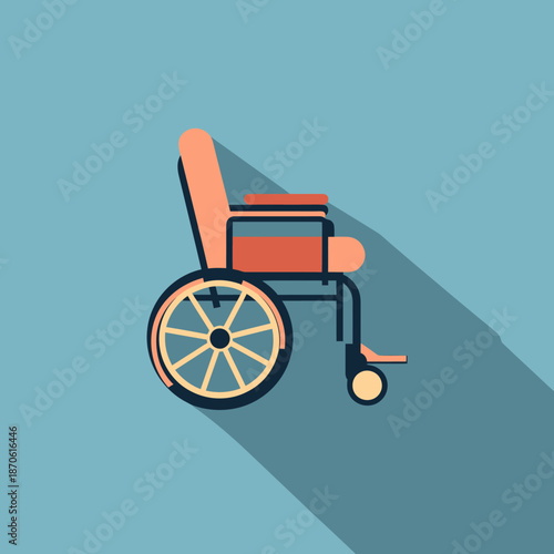 Flat minimalist vector illustration of orange wheelchair with shadow on blue background for disability and mobility aid concept design