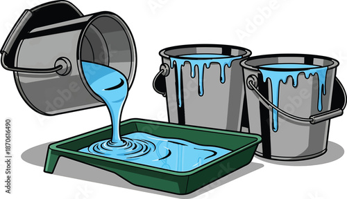 Vector set of paint buckets pouring blue liquid into plastic tray