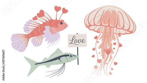 Marine Creatures' Love Symphony: An illustration of marine animals decorated with hearts showing concept of love, perfect for Valentine's day