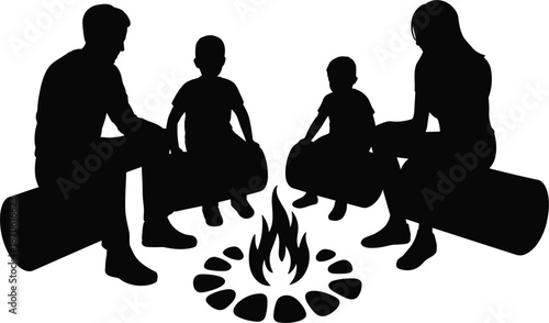  Family camping around campfire silhouette, parents and children sitting on logs by fire, outdoor recreation