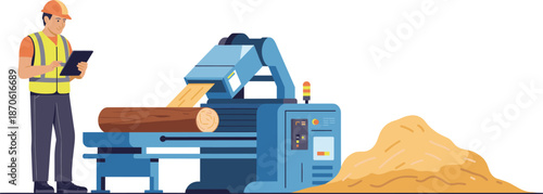 Industrial wood processing factory illustration with automated machinery, lumber production line, sawmill equipment, and worker monitoring modern manufacturing workflow