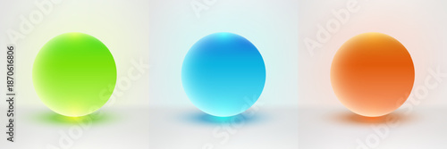 Glowing 3d glass spheres set in green blue and orange with soft gradients and realistic shadows isolated on white background for futuristic tech design elements