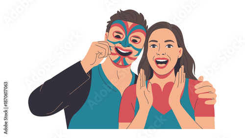 Masked Surprise: A man playfully reveals a colorful mask to a surprised woman, creating a moment of joyous revelry and anticipation.