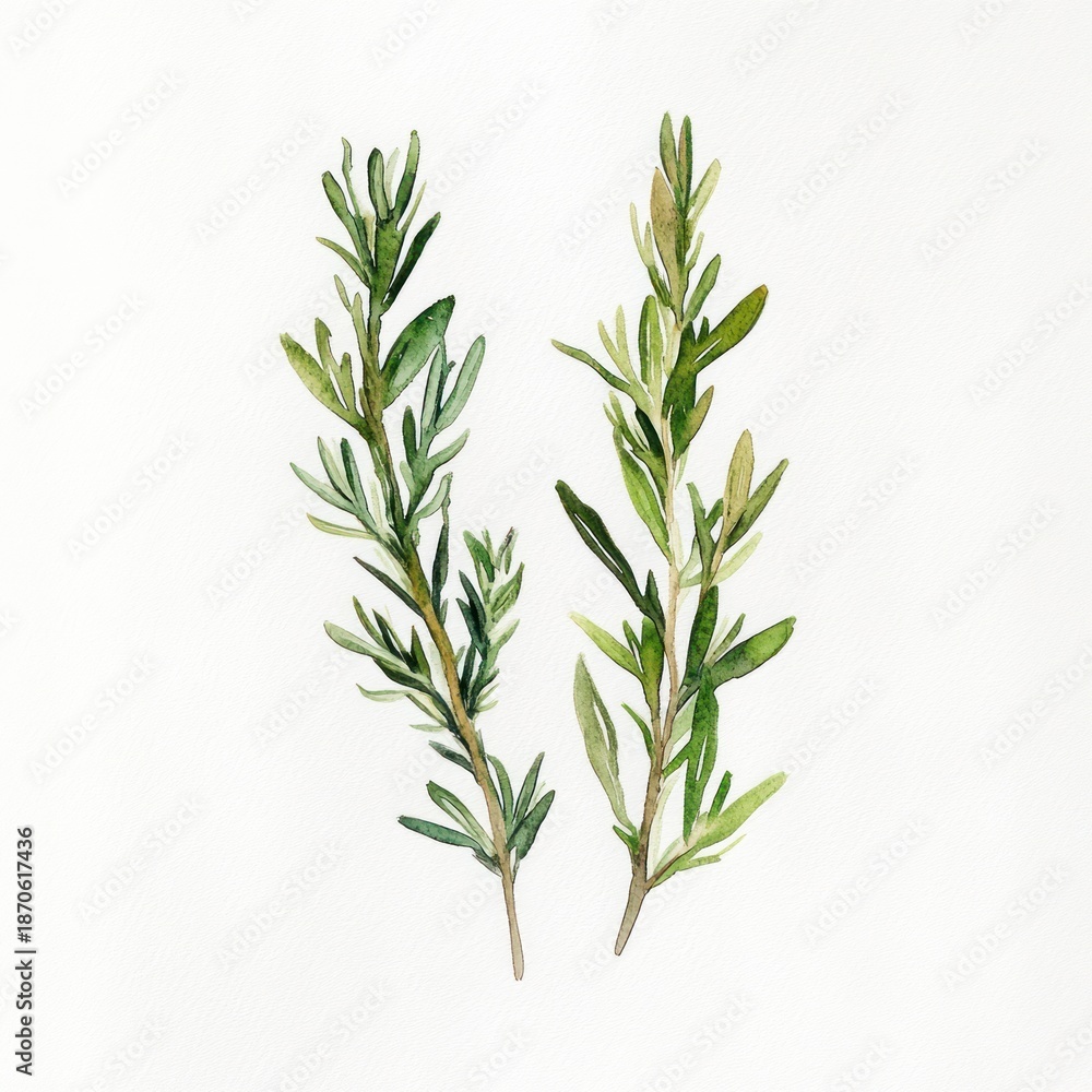 Fototapeta premium Watercolor Rosemary Sprigs, White Background, Culinary Herb, Food Design