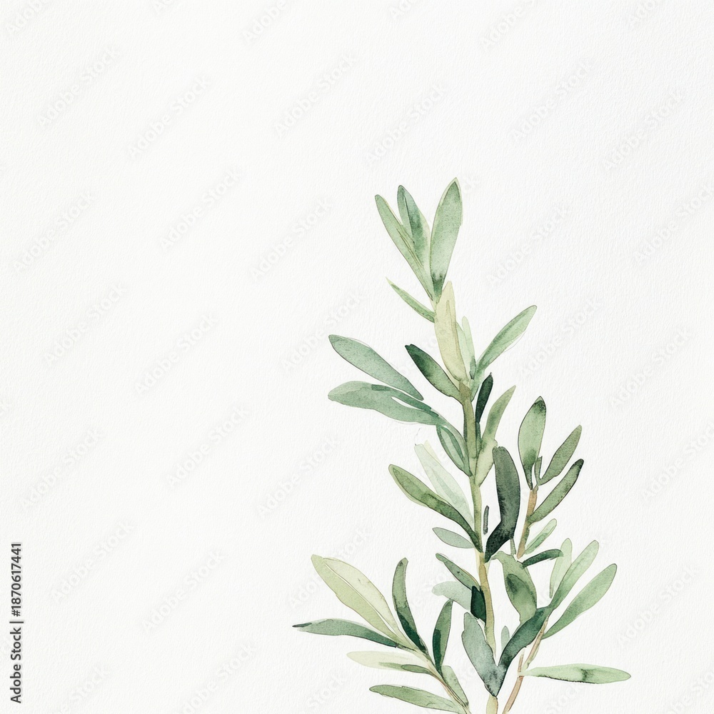 Fototapeta premium Watercolor olive branch, white background, minimalist design, stationery