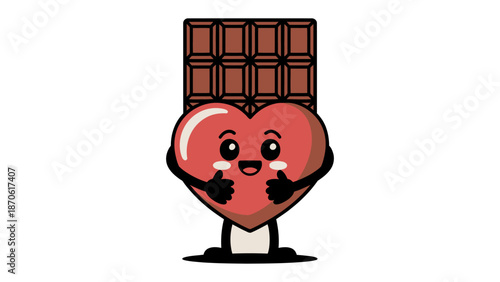 Charming Heart & Chocolate: A cute, heart-shaped character joyfully offers a thumbs-up in front of a chocolate bar, embodying sweetness and affection.