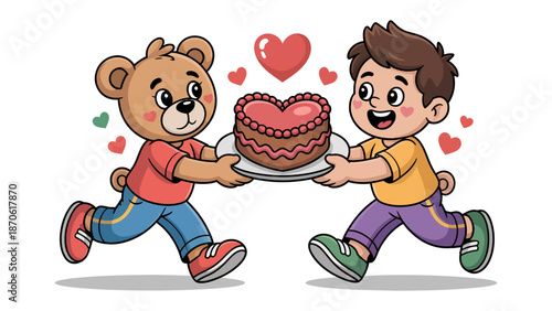 A Heartfelt Treat: A heartwarming illustration of a young boy and a teddy bear joyfully presenting a heart-shaped cake, symbolizing affection and sharing.