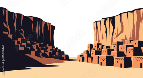 Vibrant Southwestern Canyon Landscape with Ancient Adobe Village Settlements