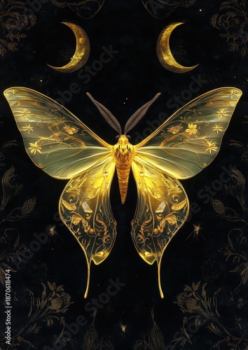 An Elegant Luna Moth shimmers against a dark backdrop adorned with celestial elements. This mesmerizing illustration captures the ethereal beauty of nature.