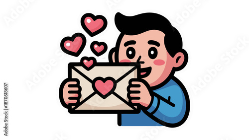 Affectionate Letter Delivery: A cheerful individual is joyfully holding a romantic envelope adorned with a heart seal, surrounded by hearts. conveying themes of love, affection.