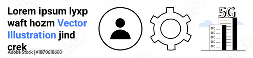 User profile icon, gear representing configuration, and 5G-enabled buildings. Ideal for network technology, connectivity systems, digital tools, tech settings, user design, telecom growth simple