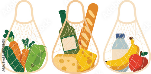 Reusable mesh grocery bag set, eco friendly string bags with fresh vegetables and healthy food