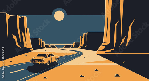 Retro Car Desert Night Drive Under Moonlit Sky Vector Illustration