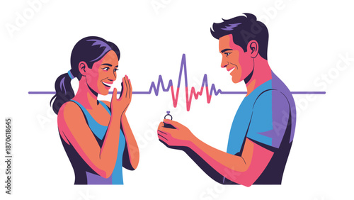 A Romantic Proposal Moment: Capturing the magical moment of a proposal, the image portrays a man presenting a ring to a woman, their hearts connected by the rhythm of love. 