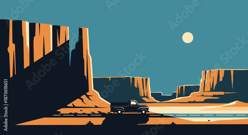 Minimalist Vector Illustration of a Classic Pickup Truck in a Vast Desert Landscape
