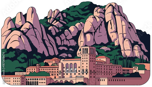 Famous Montserrat Monastery in Catalonia Spain Mountainous Rocky Landscape Illustration