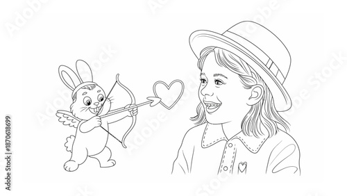 A child's Heart: An illustration of a whimsical scene featuring a young girl and a cute cupid bunny, symbolizing love and affection.