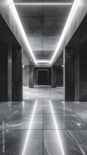 Long, modern hallway with marble floors and recessed lighting