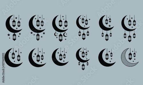 Black and white of crescent moons with hanging lanterns and stars on a light gray background